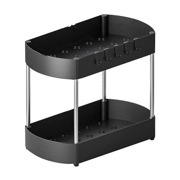 Under Sink Organizers Storage, Bathroom Under Sink Shelf Basket, 2 Tier Bathroom Organizers and Storage Rack with Hooks