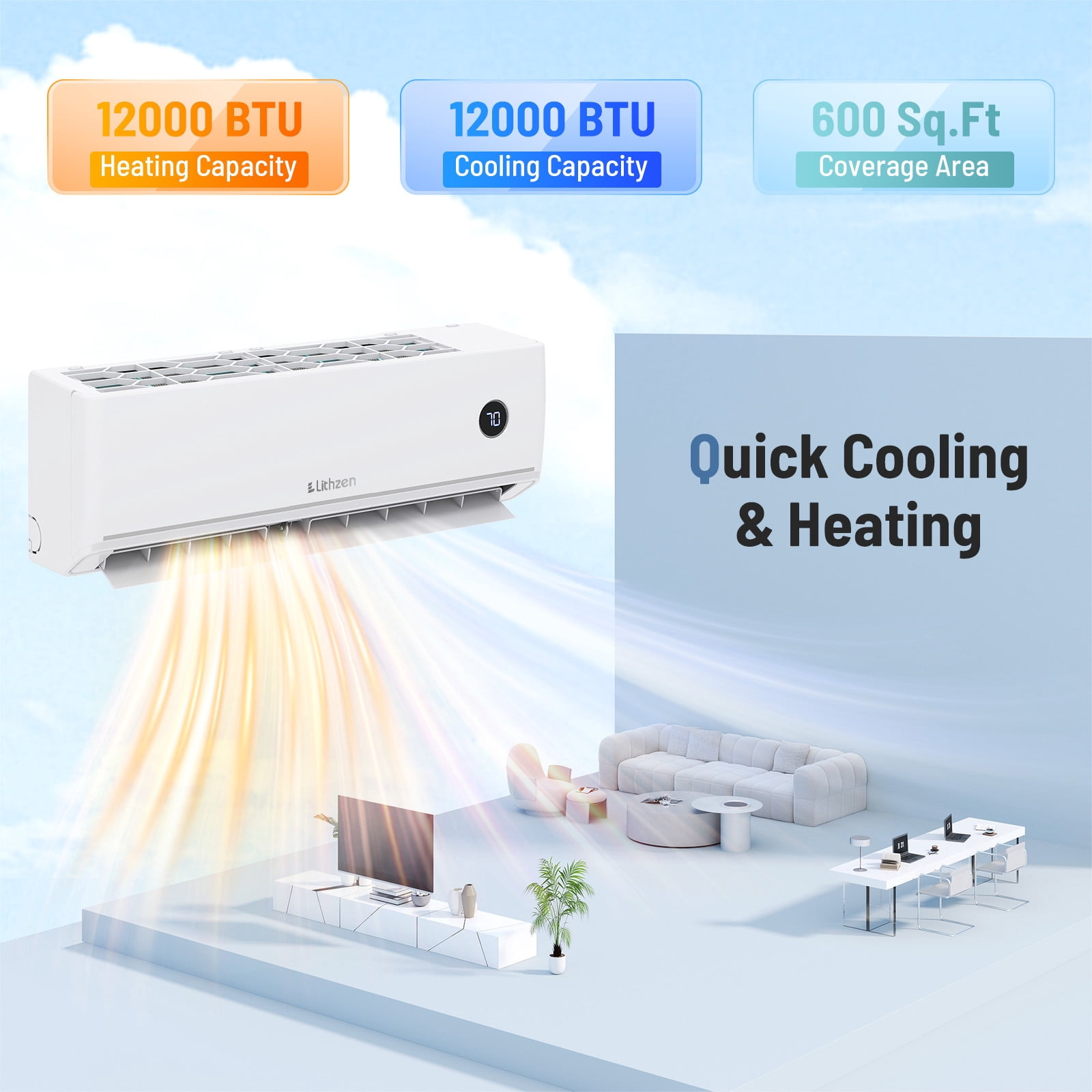 Lithzen 12000 BTU Mini Split Air Conditioner & Heater, 208/230V 18.2 SEER2 Wifi Enabled