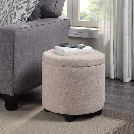 Designs4Comfort Round Accent Storage Ottoman with Reversible Tray Lid Tan Fabric