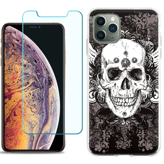 For Apple iPhone 11 Pro Case , Slim-Fit TPU Protective Phone Case with Tempered Glass Screen Protector, by OneToughShield ® - Grunge Skull