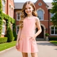 thumbnail image 4 of Girls' Uniform Dress Sleeveless Jumper Dress with Bow-Tie, Pleated Hem & Pockets (Pink 11-12 Years), 4 of 6