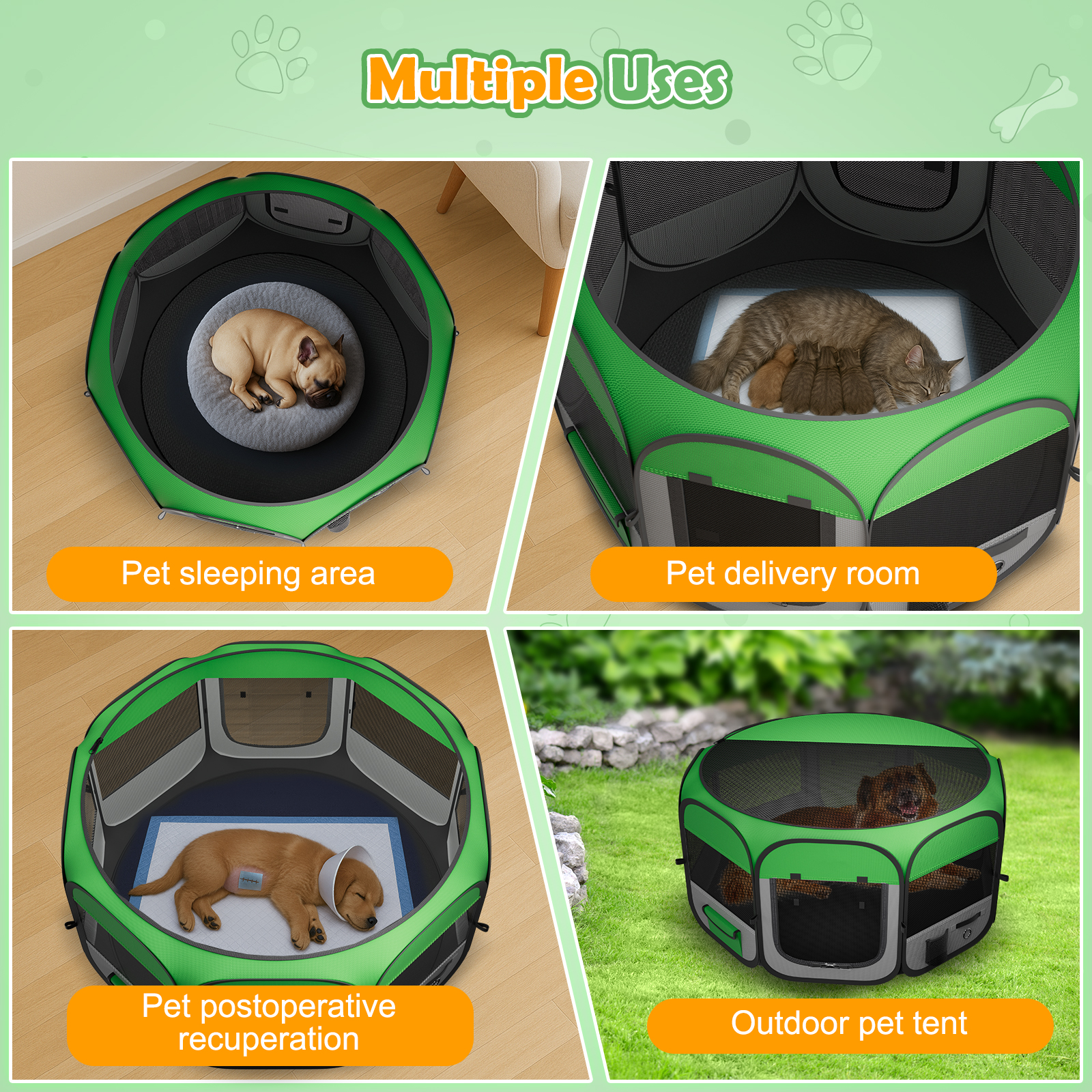 MAXLAPTER Dog Playpen Portable,Pet Cat Dog Tent Crates Cage Indoor/Outdoor 600D Oxford Fabric Green Portable Cat(L)