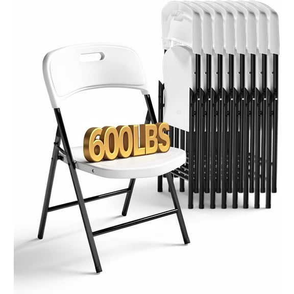 Folding Chairs, 600lbs Capacity, Heavy-Duty Commercial Stackable Plastic Foldable Chairs for Indoor/Outside, Office, Kitchen, Party, Patio(White, 8 Pack)
