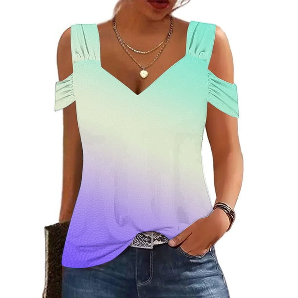 Fiudx Ropa de Mujer Blusas con Cuello En V y Hombros Descubiertos para Mujer, Top de Manga Corta