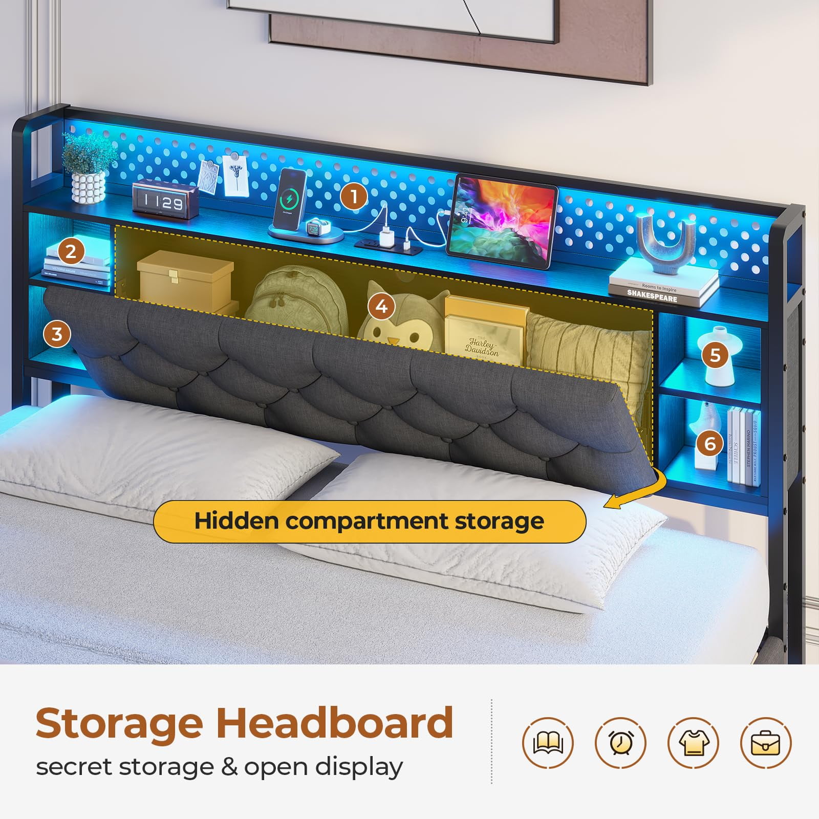 Floating Bed Frame Full Size with LED Lights Headboard, Visual Floating LED Bed Frame with Hidden Storage and USB Port Charing Station, No Box Spring Needed, Dark Grey