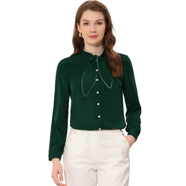 Camisa elegante Allegra K manga larga cuello de pajarita Verde S para mujer