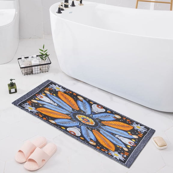 Haosy Blue Orange White Feather Bathroom Rugs Non Slip Absorbent Soft Plush Quick Dry Bath Mat, 39"x20"