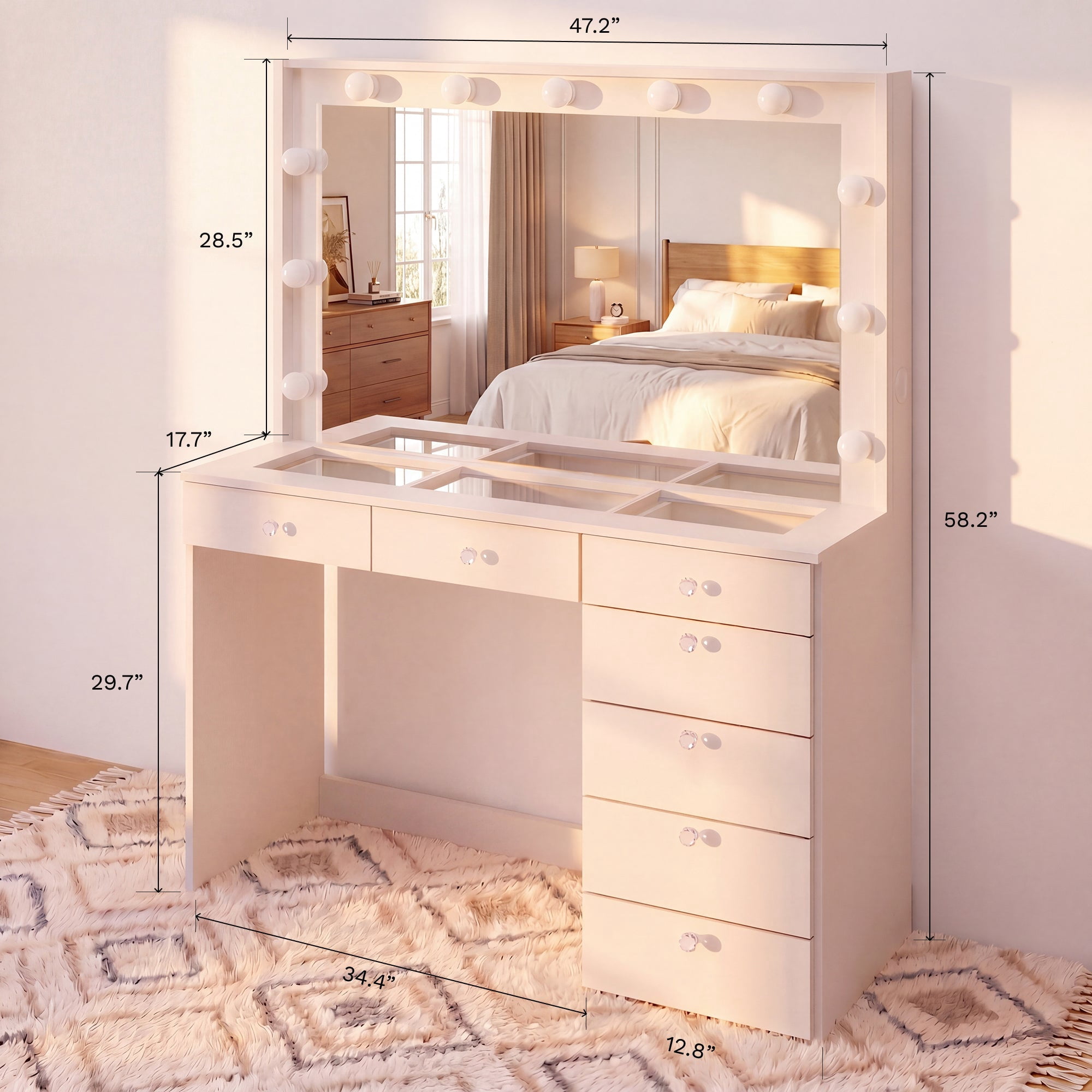 Ember Interiors Get Ready with Me White Makeup Vanity Desk with Glass Top, 7 Drawers, Lighted Mirror & USB/Power