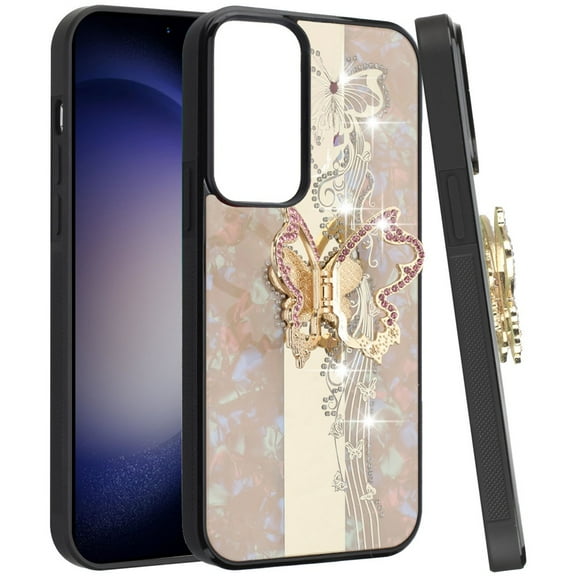 For Samsung Galaxy S24 Plus /S24  Fashion Stylish Diamond Bling Sparkly 3D Ornaments Engraving Hybrid Ring Stand Cover ,Xpm Phone Case [ Enchanted Butterfly Gold ]