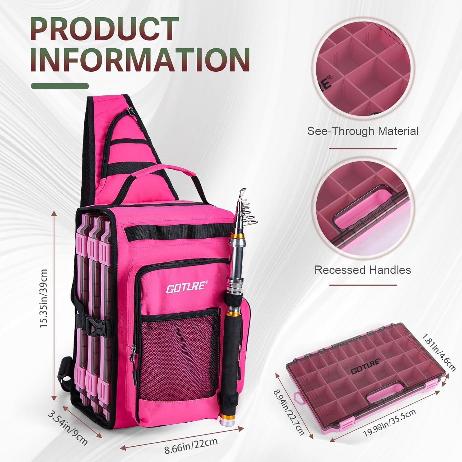 OpenSide Tactical Sling Tackle Bag with 3 3700 Trays Lightweight Fishing Backpack Storage Gear Pink