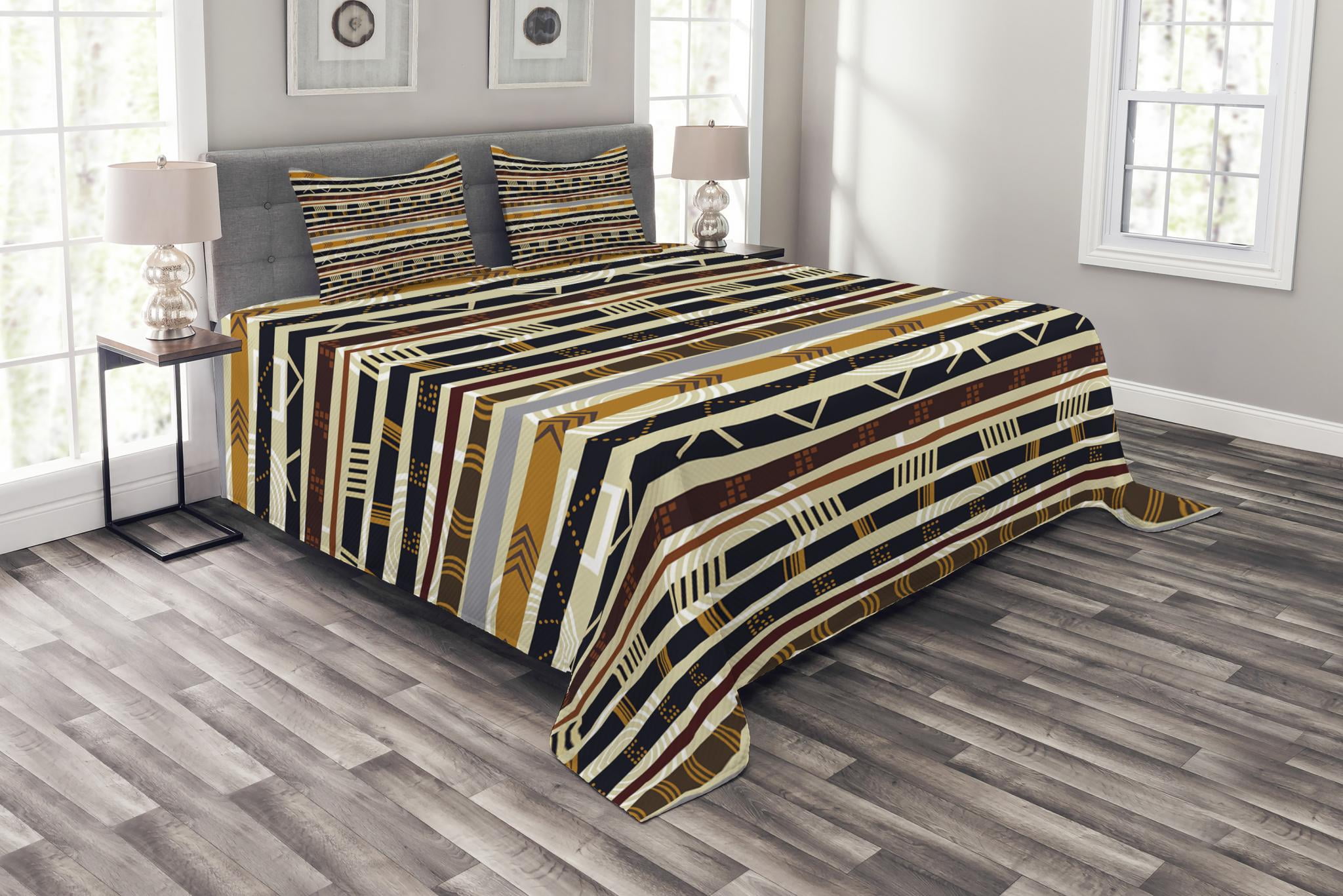 Tribal Bedspread Set, Ethnic African with Trippy Geometric Forms