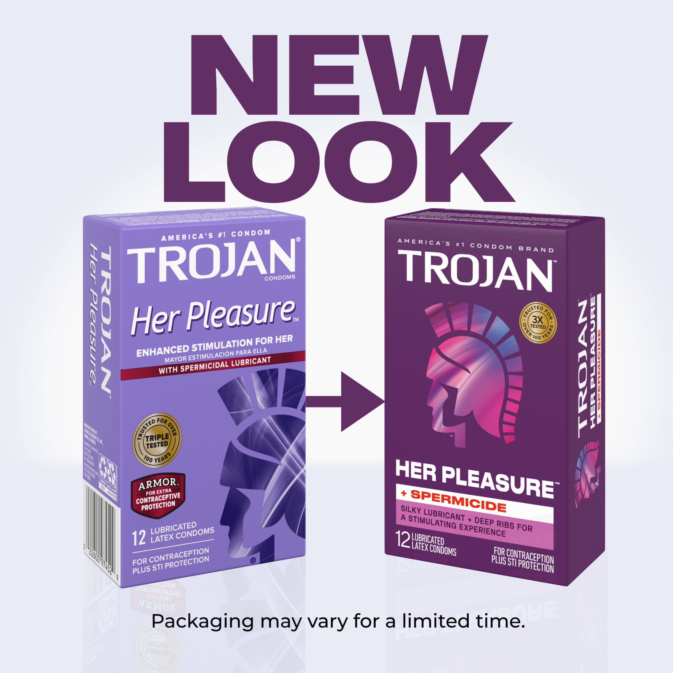 (4 pack) Trojan Her Pleasure Plus Spermicide Latex Lubricated Ribbed Condoms, 12 count