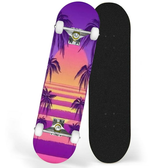 31'' Complete Skateboard for Kids 7 Layer Canadian Maple Double Kick Deck Skateboards sunset palm trees trendy purple design for congratulation Boys Skate Board for Girls Beginner Adult