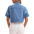 thumbnail image 3 of Chaqueta de mezclilla recortada de manga corta con botones y deshilachada para mujer INSPIRE CHIC, azul claro, XL, 3 of 6