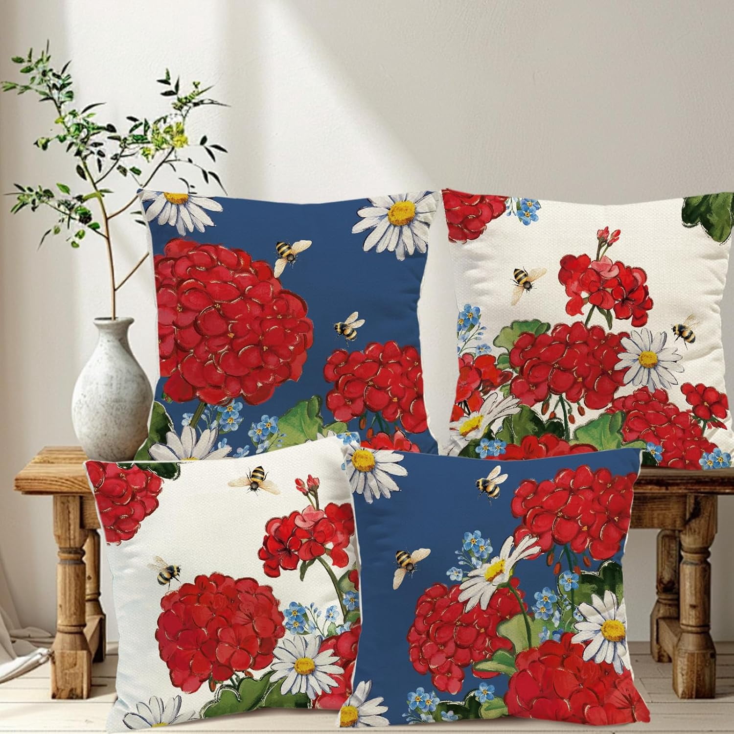 Spring Summer Red Geranium Pillow Covers White Daisy Floral 18 x 18 Inch Throw Pillows, Farmhouse Bee Seasonal Outdoor Indoor Decorative for Cushion Case Sofa Couch Set of 4