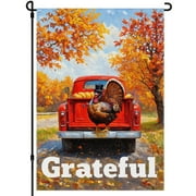 Hello Thanksgiving Day Large Garden Flag 28x40inch Thanksgiving Day Truck Pumpkins Double-Colored House Flag Cute Cartoon Turkey Garden Flag for Lawn Outdoor Backyard Home