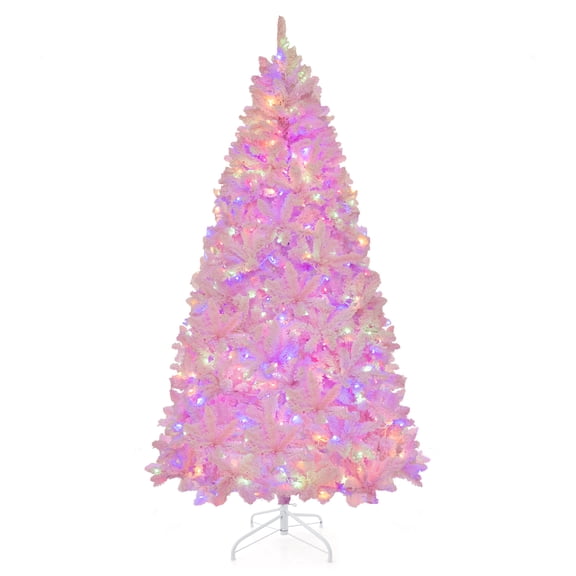Topbuy 7FT Pink Artificial Christmas Tree Pre-lit Hinged Snow Flocked Xmas Tree with 1200 Branch Tips 8 Lighting Modes