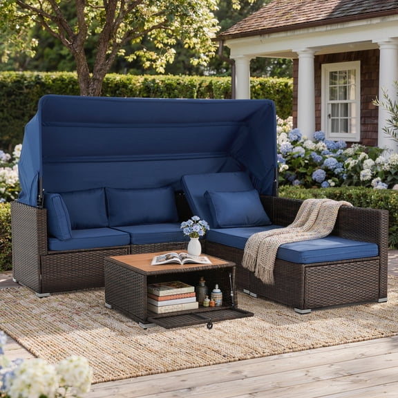 BUPPLEE 6‑Piece Outdoor Patio PE Wicker Daybed Set with Retractable Canopy