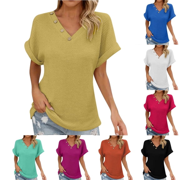 YHAJDS Womens Summer Tops Trendy Short Sleeve V Neck Casual Solid Color Everyday T Shirt