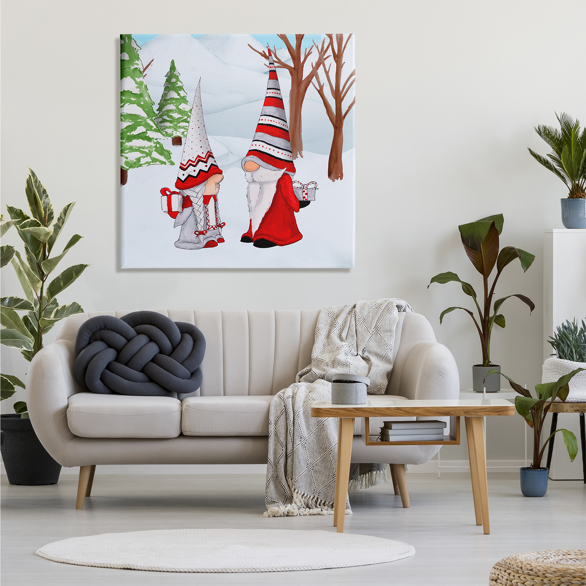 Design by Hugo Edwins Festive Winter Gnome Couple Holiday Presents Garden Elf 36 in x 36 in Painting Canvas Art Print, by Stupell Home Décor