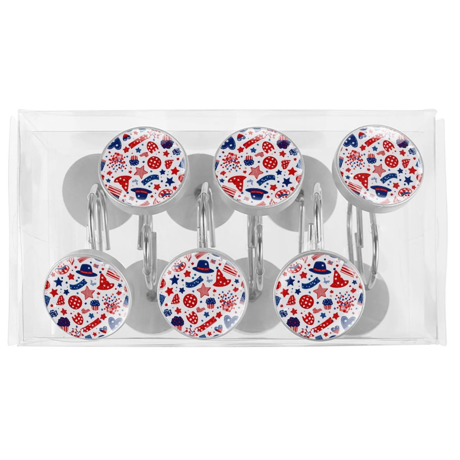 12pcs Decorative Shower Curtain Hooks, Rust Resistant Shower Rings for Bathroom Living Room,Rustproof Stainless Steel Rings for Shower Curtain and Liner Rods,4th of July Hats