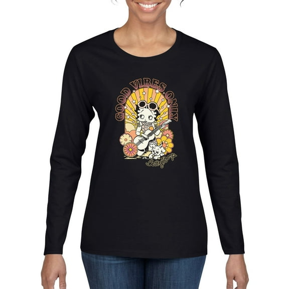 Wild Bobby Betty Boop Good Vibes Only Betty Boop Womens Long Sleeve T-Shirt, Black, Small