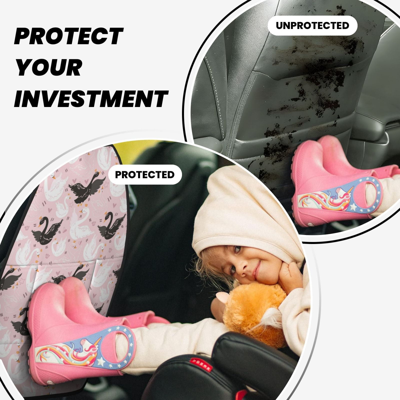 Xecao Swan And Flowers2 Pattern Car Seat Back Protector 2 Pack Large Capacity Pocket, Kick Mats Back Seat Protector