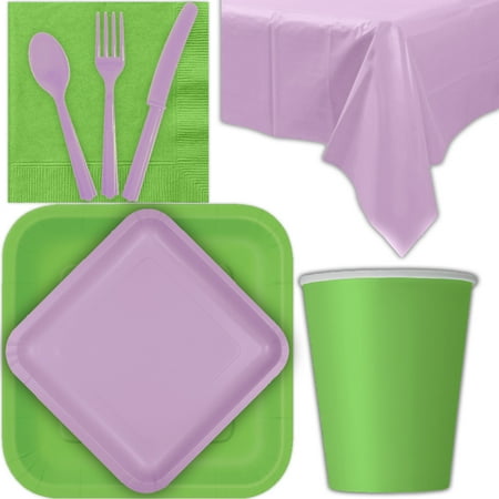 Lavender And Linen Disposable Party Supplies for 28 Guests - Lime Green and Lavender - Square Dinner Plates, Square Dessert Plates, Cups, Lunch Napkins, Cutlery, and Tablecloths: Tableware Set ()