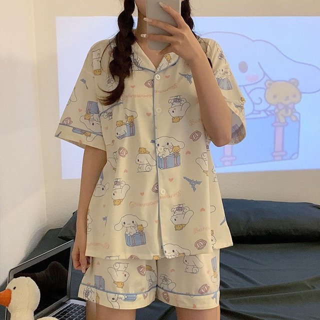 Pijama de manga corta tipo cárdigan de algodón de imitación de alta calidad con diseño de Hello Kitty japonés para mujer, traje de verano para el hogar de gran calidad para mujer