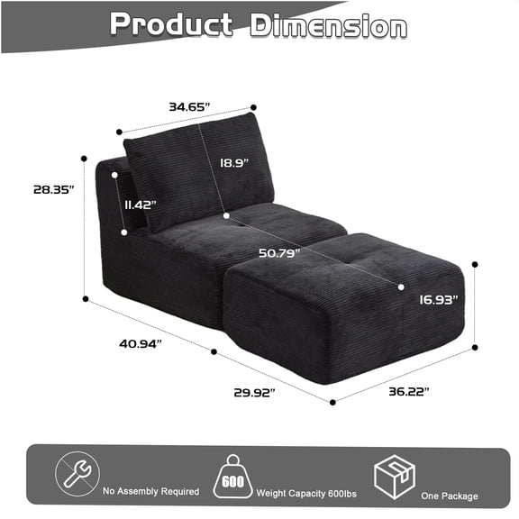 JERFIT Modular Memory Foam Sofa with Ottoman, Cloud Couch Sectional for Living Room, Corduroy Fabric, Zero Assembly, Pet Friendly, Black