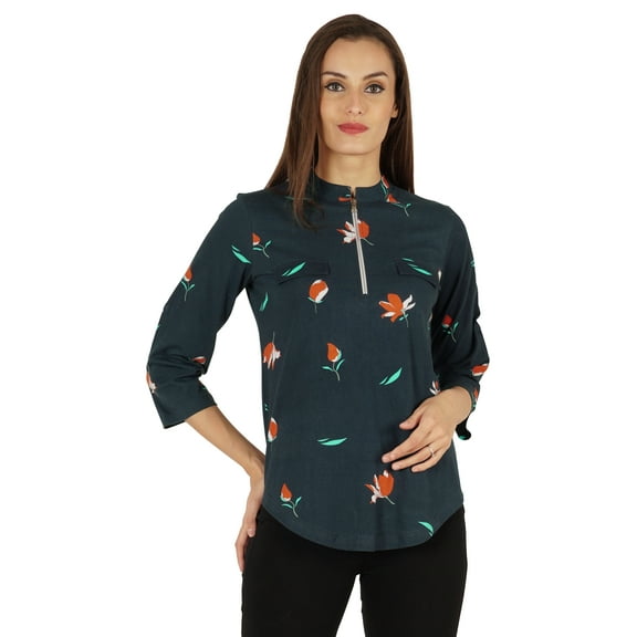 Inkmeso Fashionable Printed Casual Top For Womens Mandarin Collar Relaxed-Fit Tunic Top