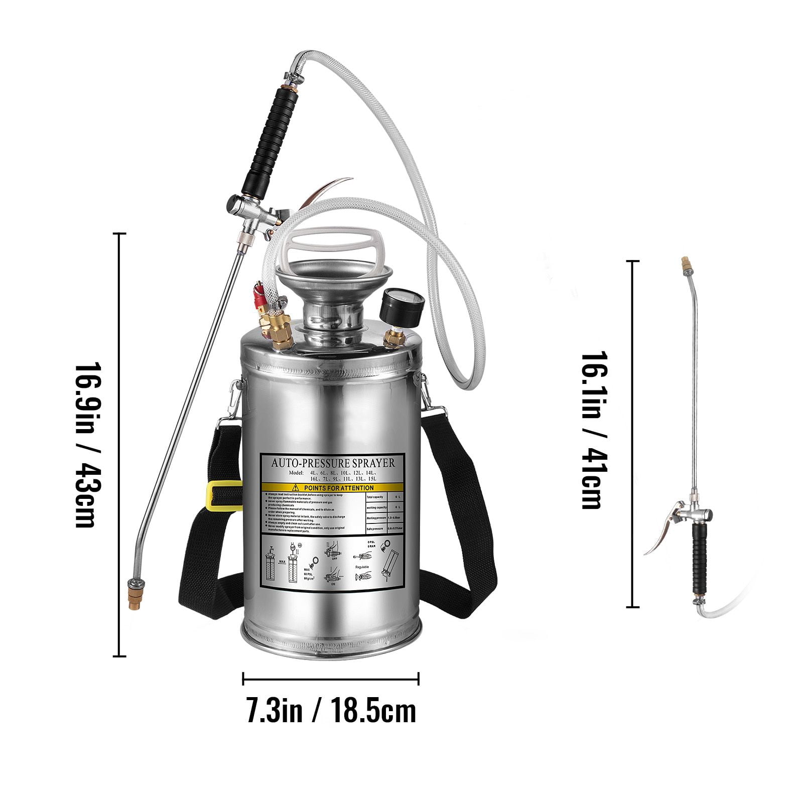 1.5 Gallon Stainless Steel Sprayer, 1.5-4.0 Bar Pressure, Adjustable Brass Nozzle, Pressure Gauge, Shoulder Strap for Garden Cleaning Disinfection