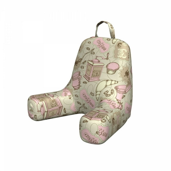 Cartoon Reading Pillow, Abstract Modern Image of Tea Pots Cups Cakes Croissants Bakery Image, Bedrest Cushion with Back Pocket and Washable Cover, 2 Sizes, by Ambesonne