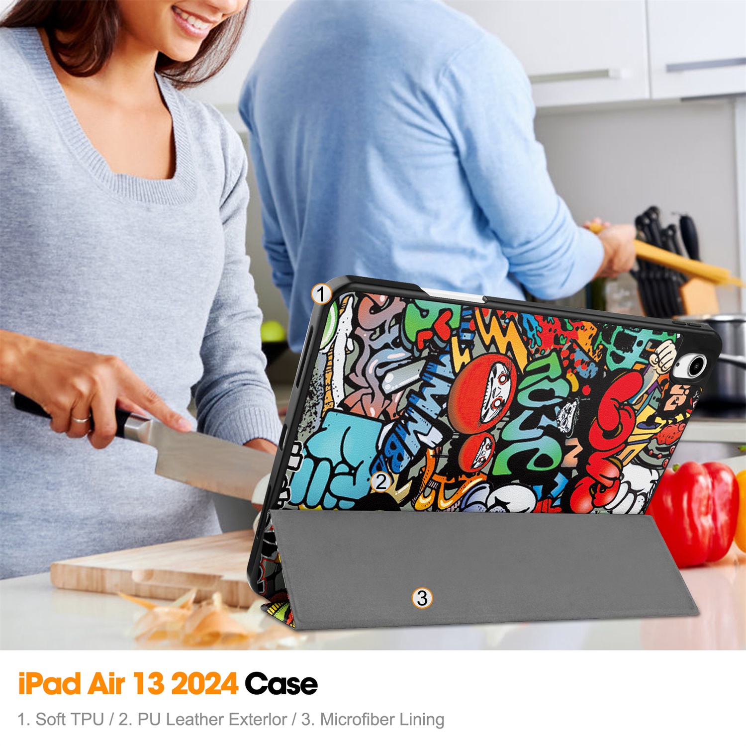 SaniMore for Apple iPad Air 13 (2024) Case, Auto Sleep/Wake, PU Leather Case with Tri-Fold Kickstand & Pencil Holder Shockproof Protective Cover for Women Men, Graffiti