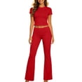 thumbnail image 2 of LEKWK Workout Sets for Women Short Sleeve Crewneck Crop Top and Low-Rise Flared Leggings Summer Fashion Yoga Athletic Gym Casual Lounge Outfits, 2 of 7