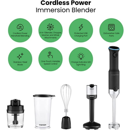 Chefman Cordless 5-in-1 Immersion Blender Set, Ice Crushing, Masher, Whisk, Chopper, Stainless Steel - Black