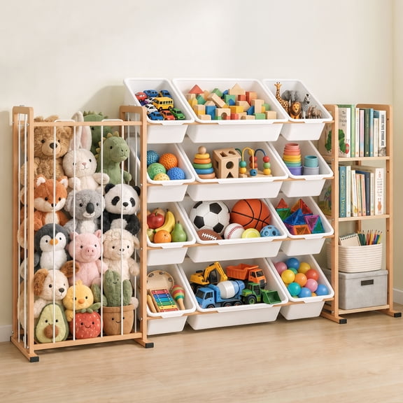 WINGYZ Kids Toy Storage Organizer with 12 Plastic Bins, Stuffed Animal Storager and 3 Tier Bookshelf, Metal Frame Wooden Panel