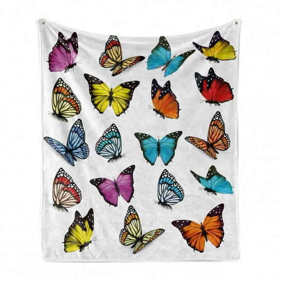 Animal Soft Flannel Fleece Throw Blanket, Colorful Butterflies Flying Composition Summertime Seasonal Animals Print, Cozy Plush for Indoor and Outdoor Use, 50" x 70", Multicolor, by Ambesonne