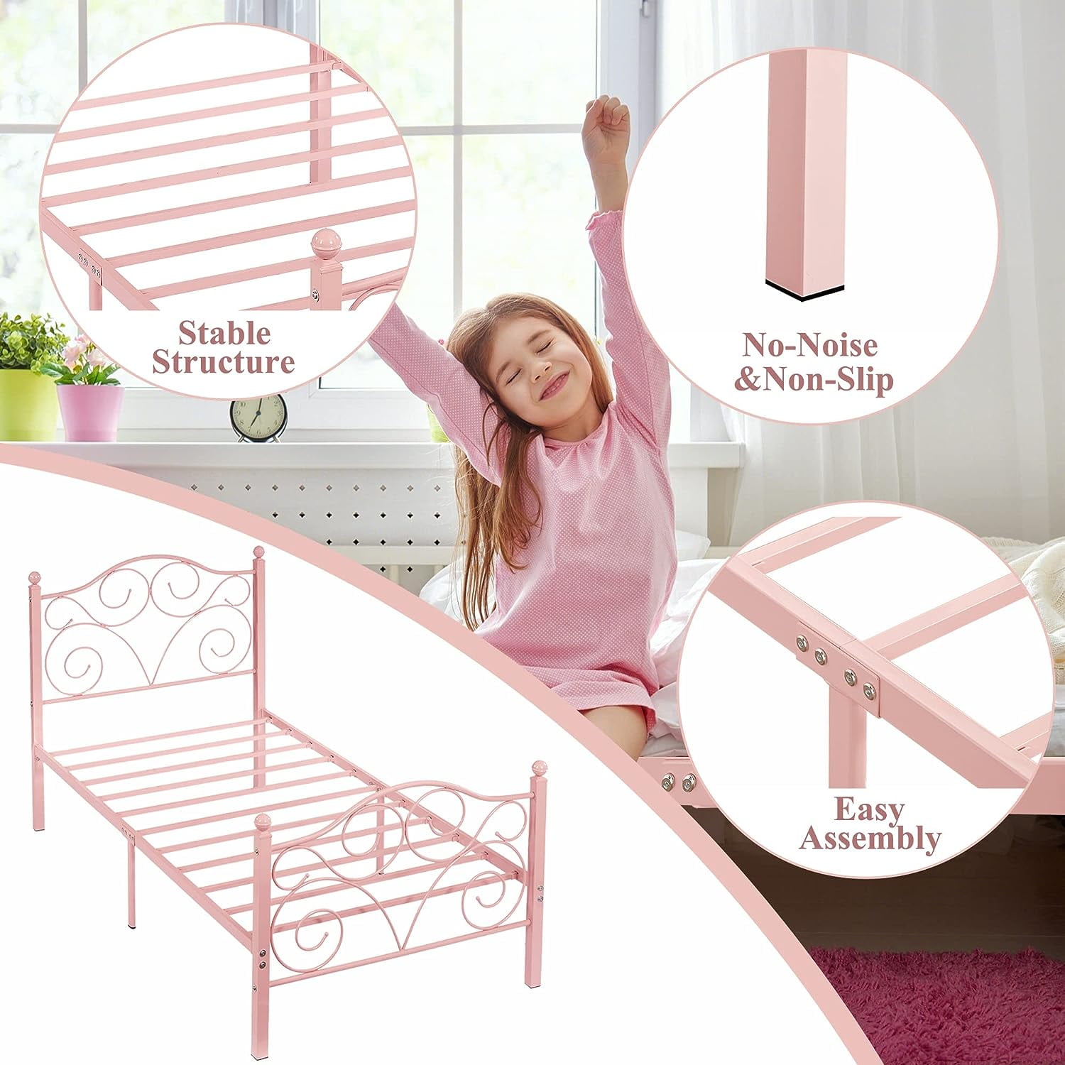VECELO Twin Bed Frame with Headboard & Footboard, Modern Metal Platform Bed Frame with Underbed Storage Space, No Box Spring Needed, Heavy Duty & Quick Assembly, Pink