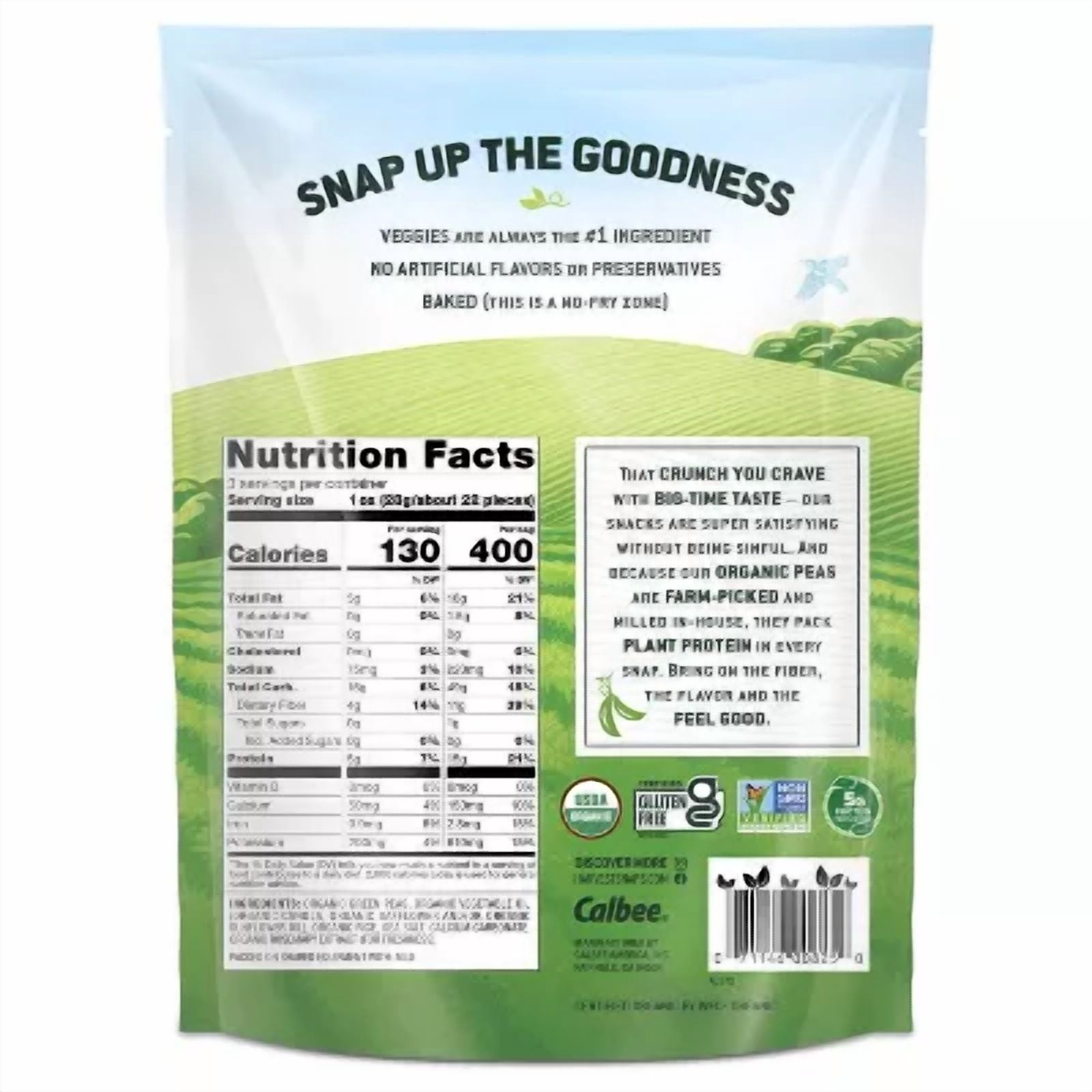Harvest Snaps Organic Artisan Sea Salt Baked Green Pea Snacks 3oz (Pack of 6)