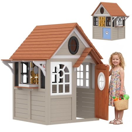 Outdoor Playhouse Wooden Kids Playhouse with Dog Door Cookware Blackboard Clock Tic-Tac-Toe Roller for Backyard