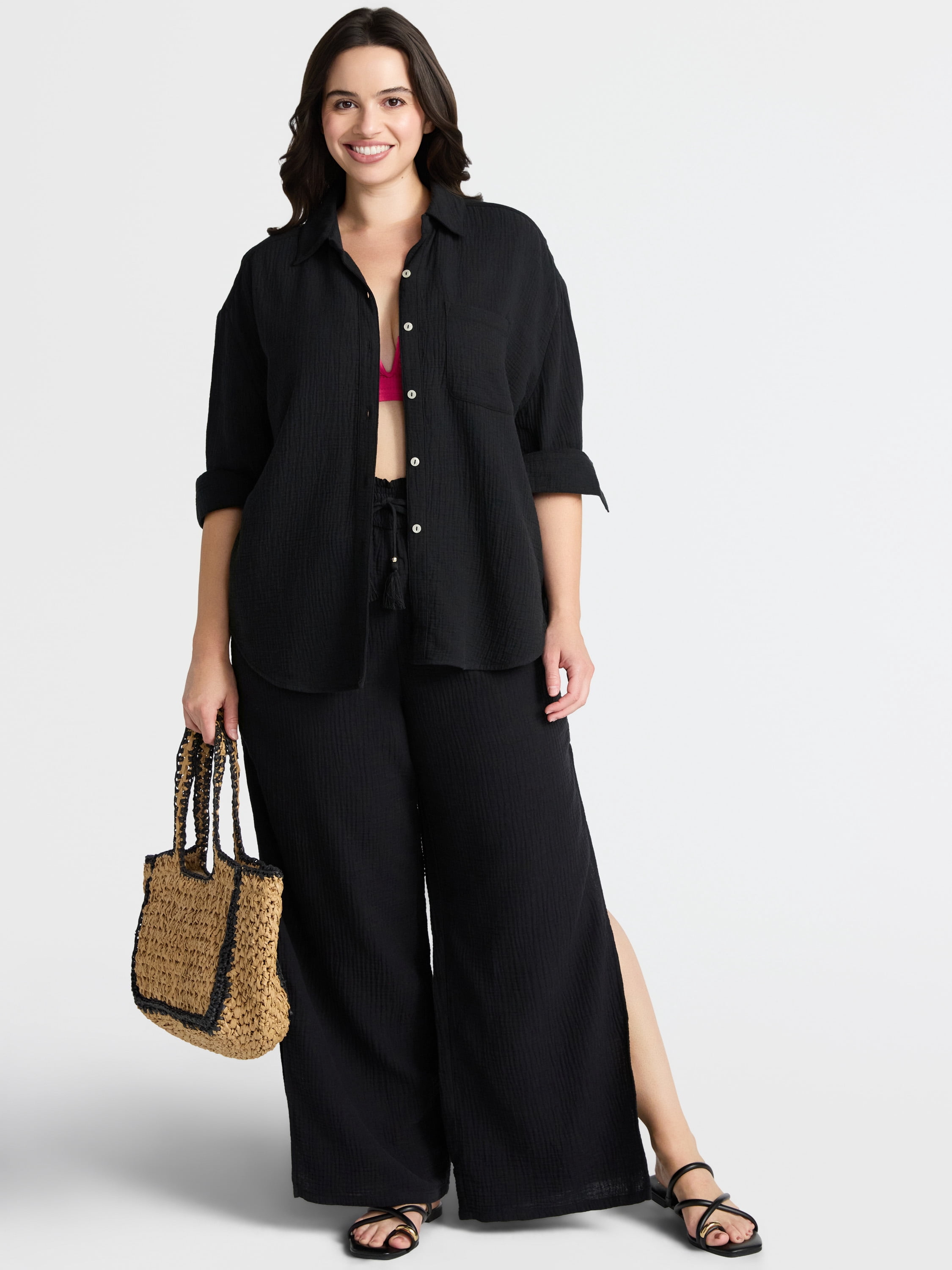 Time and Tru Women's Button Down Cotton Coverup Shirt, Sizes XS - 3X