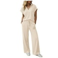 thumbnail image 3 of GEWSEY Womens 2 Piece Summer Outfit Lounge Set Cap Sleeve Polo Top And Pant Set Tracksuit Travel Matching Outfit 2025 (Beige, S), 3 of 8