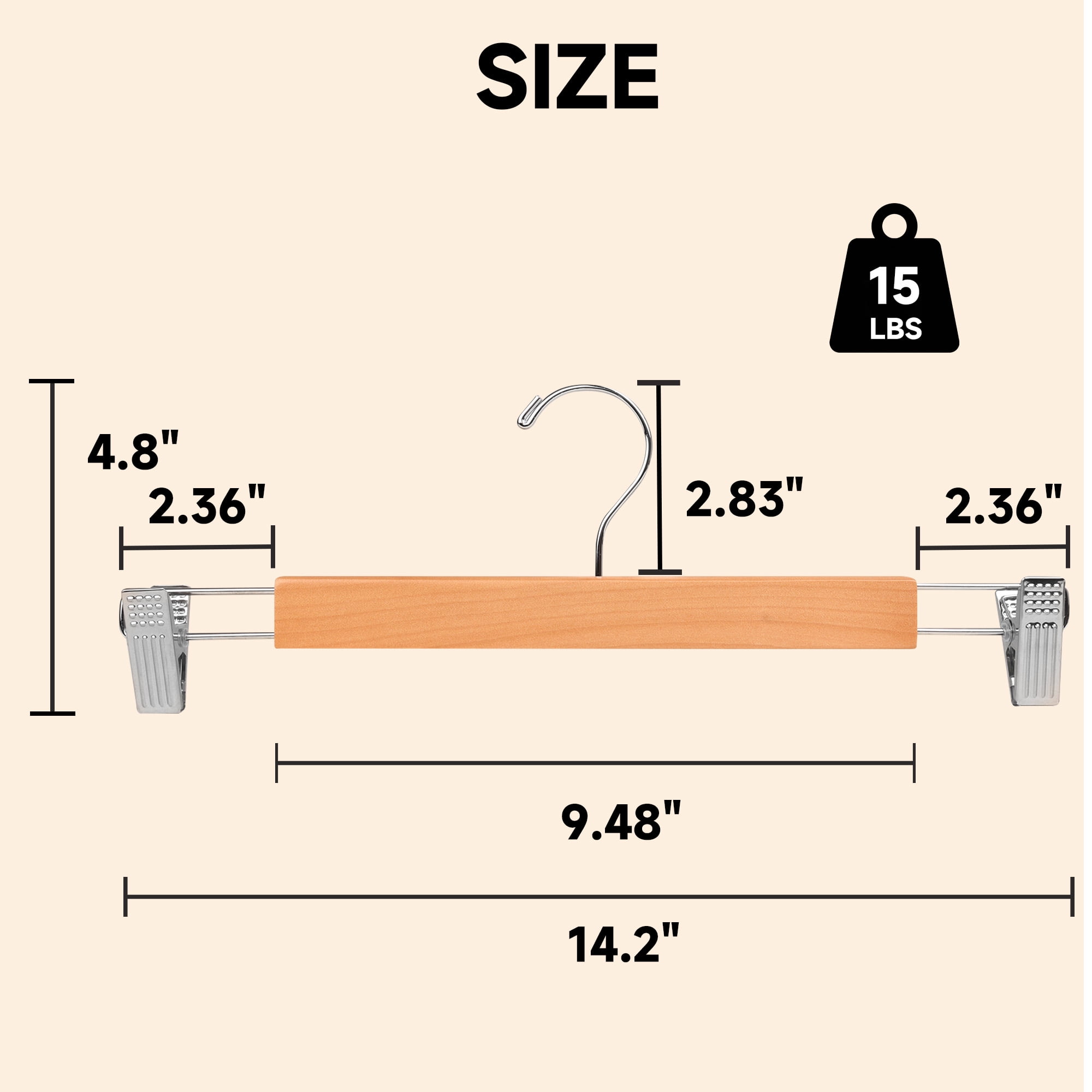 BP4U 12-Pack Premium Wooden Pants Hangers with Adjustable Clips, Heavy Duty Solid Wood Skirt Hangers, Non-Slip Trousers Bottom Hangers for Jeans, Slacks, Dresses(Natural Wood)