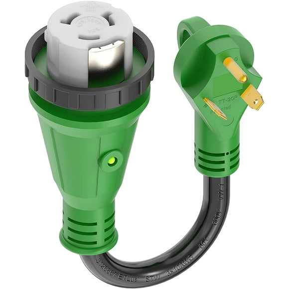30 Amp to 50 Amp RV Adapter with Locking Connector 12 Inch, NEMA TT-30P Male to NEMA SS2-50R Female Dogbone Electrical Converter with LED Power Indicator, Green, ETL Listed