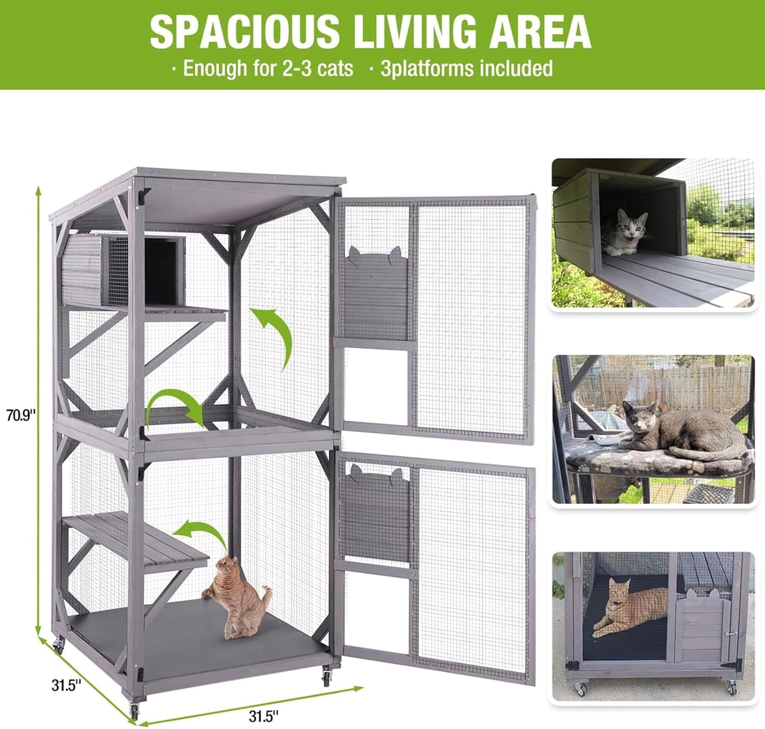 MEDEHOO Mobile Catio on Wheels - Outdoor Cat House Enclosure with Waterproof Roof & Upgraded Resting Box, 70.9" Feral Cat Cage / Bird Cage