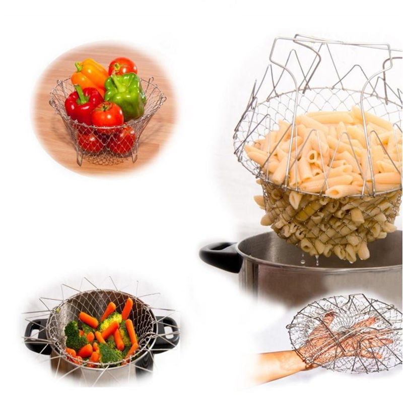 Foldable Steam Rinse Strain Stainless Steel Fry Basket Strainer Net Cooking Tool