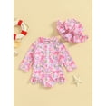 thumbnail image 2 of Bagilaanoe Toddler Baby Girl One-Piece Swimsuit Print Long Sleeve Zipper Rashguard Swimwear + Swimming Cap 3M 6M 12M 18M 24M 3T Kids Ruffle Bathing Suit, 2 of 7