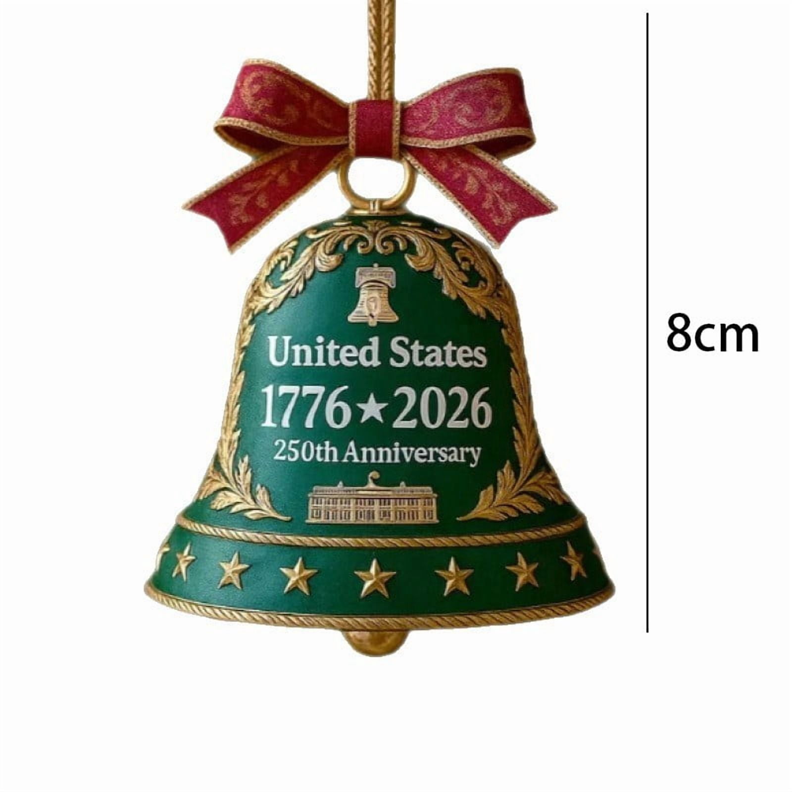USA 250th Anniversary Bell Ornaments 2025 Christmas Tree Hanging Decorations, 2D Metal Gold Jingle Bells Hanging Doorbell Xmas Ringbell Vintage Doorbell for Patriotic Holidays Party(Green)