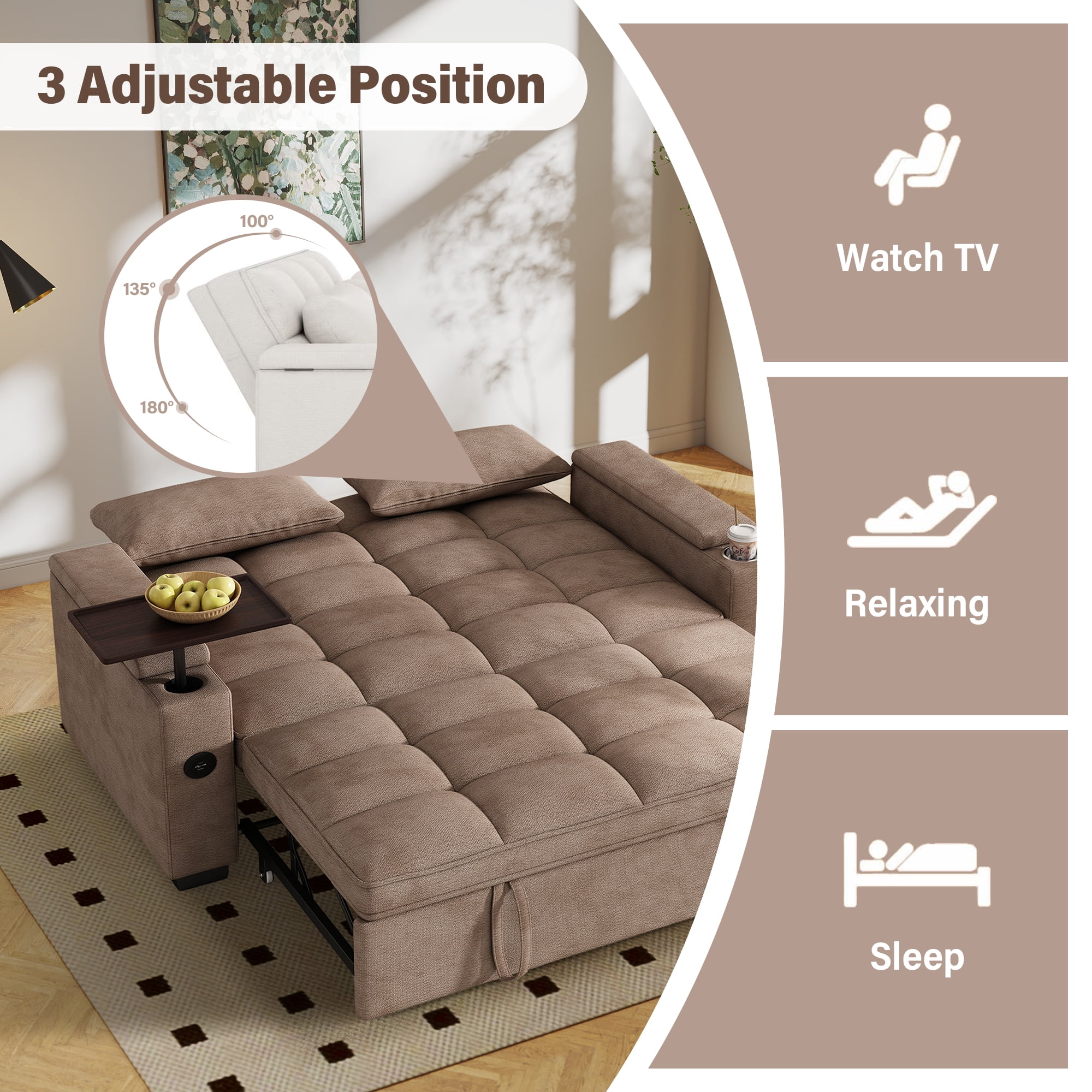 Aukfa 65"W Convertible 3-in-1 Sofa Bed with Storage, Queen Chenille Sleeper Couch with USB/Type-C Ports & Rotating Side Table,khaki